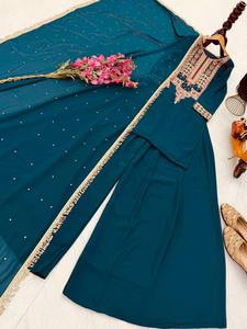 Ensemble kurta palazzo vert émeraude richement brodé avec dupatta pour femmes - Product Image 4