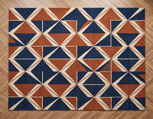 Tapis géométrique moderne en laine bleu marine, motif triangulaire entrelacé, tapis à motifs diamantés, accents linéaires ivoire, antidérapant, respectueux de l'environnement - Product Image 1