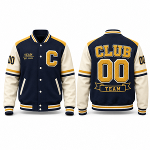 MEGAMAPLE Unisex Navy Fleece Varsity <b>Jacket</b> Embroidered Team Logo Durable 100% Polyester Shell Zipper Closure Workwear Style - Product Image 1