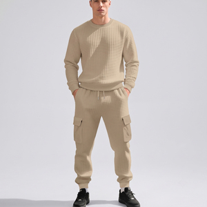 AL SWANS INTERNATIONAL <b>Men's</b> Waffle Knit Crew Neck Sweatshirt Set Beige Casual Winter <b>Joggers</b> Two Piece Outfit <b>Thermal</b> - Product Image 1