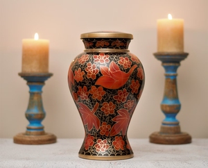 New Unique Arrival Hand-Painted Style Oval Decorative Cremation Urn Maple Red Floral Design Adult 11" Red Black Gold Aluminum - Product Image 2