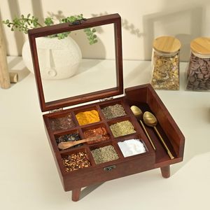 Caja de especias india de madera con nueve compartimentos, cuchara decorativa, multiusos, apta para lavavajillas, ecológica, para el hogar y restaurantes, venta al por mayor - Product Image 1