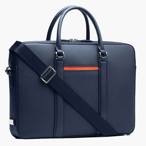 Housse pour ordinateur portable en cuir bleu marine avec poignée à rayures orange, pour le transport, usage professionnel et bureautique, design protecteur - Product Image 2