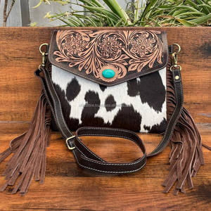 Bohème usiné à la main en cuir de vachette frange bandoulière sac à main pour femmes Western en cuir véritable Turquoise pierre enveloppe sac à main - Product Image 3