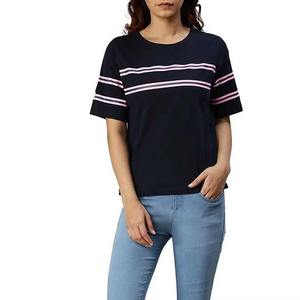 Camiseta negra de cuello redondo para mujer, a rayas rosa y gris, de punto, informal, corte regular, para todas las estaciones - Product Image 5