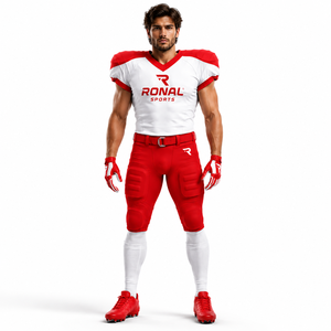 Uniforme de Fútbol Americano para Hombre RONAL SPORTS, Conjunto de Jersey y Pantalones Cortos Sublimados en Blanco y Rojo, Ajuste Atlético que Absorbe la Humedad - Product Image 3