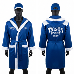 เสื้อคลุมชกมวยหนังพรีเมียม 140 GSM สำหรับผู้ชาย สีน้ำเงินขาว ดีไซน์แผงตัดกันแบบมีฮู้ด ซับเหงื่อได้ดี รับสกรีนโลโก้ ยูนิเซ็กส์ ไซส์ 21 - Product Image 1