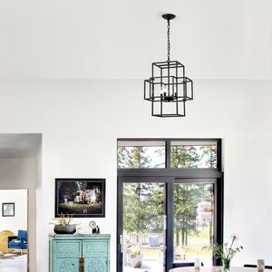 Lampadario a Sospensione Industriale Stile Fattoria con 4 Luci Regolabili in Altezza, Lanterna in Metallo per Sala da Pranzo - Product Image 4