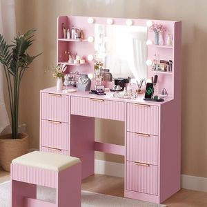 Toeletta con 7 cassetti e 4 ripiani in truciolato rosa, con 10 lampadine a tre tonalità e presa multipla a griglia - Product Image 2