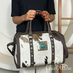 Stylish Western Hair On Cowhide Leather Speedy Duffel <b>Bag</b> Luxury Turquoise Concho <b>Stud</b> Design Crossbody Travel Shoulder Handbag - Product Image 1