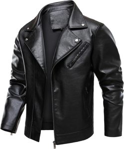 <b>Men's</b> Black PU Faux <b>Leather</b> Asymmetric Diagonal Zipper Biker <b>Jacket</b> Wide Lapel Snap Collar Chest Pocket Classic Moto Streetwear - Product Image 3