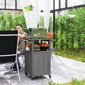 Carrello da Cucina per Esterni in Legno Massello Grigio Scuro con Piano in Acciaio Inox e Ruote, Foro Integrato per Grigliate all'Aperto - Product Image 2