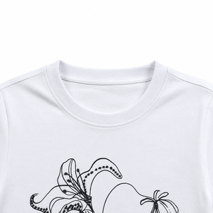 White Floral Print Women <b>T</b>-<b>Shirt</b> Short Sleeve Crew Neck Cotton Casual Wear Regular Fit Jersey Fabric For OEM/ODM Service - Product Image 4
