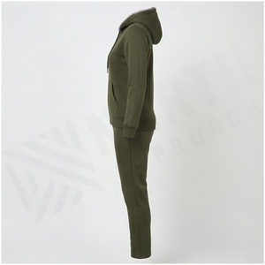 Conjunto Deportivo de 2 Piezas para Mujer, Color Verde Oliva, Sudadera con Capucha y Cierre Frontal, Pantalones, Estilo Casual, Color Sólido, Manga Larga, Forro Polar Medio - Product Image 3