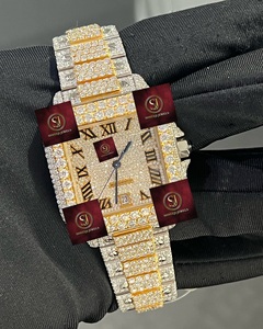 Montre mécanique carrée de luxe, boîtier en acier inoxydable, or jaune, diamants Moissanite de haute qualité, entièrement sertie, montre d'usine - Product Image 1