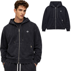 Sudadera con capucha para hombre de algodón grueso con cremallera, forro polar lavado, color negro, estilo oversize, streetwear, fabricación OEM con logo personalizado, MOQ bajo. - Product Image 1