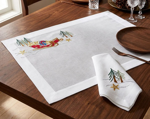 Custom Wholesale Embroidery Sleigh & <b>Christmas</b> <b>Tree</b> Placemat Napkin Set 100% Linen Machine Washable Mats for Holiday Home Events - Product Image 5