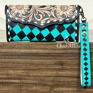 Nuevo Diseño de Moda 2026, Cartera de Cuero Vacuno Hecha a Mano con Patrón a Cuadros, Cartera de Lujo con Grabado Floral, Elegante Bolso de Mujer - Product Image 1