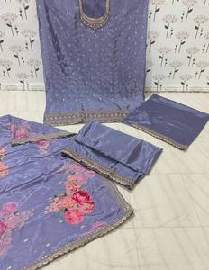 Traje Gharara de seda Chinon sofisticado de primera calidad, impresionante bordado multihilo, secuencia Jari para fiestas, indio pakistaní - Product Image 6