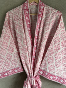 Block Print Woven Cotton <b>Kimono</b> Robe Long Sleeve Floral <b>Beach</b> Cover Handcrafted V-neck Belted Full-Length Spring Summer Front - Product Image 3