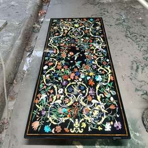 Plateau de table à manger en marbre moderne fait main avec incrustations, motif floral décoratif, dalle de comptoir personnalisée écologique, forme rectangulaire - Agar - Product Image 1