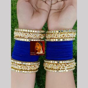 Jewelemarket 2.4" <b>Gold</b> Plated Mirror and Pearls Velvet <b>Bangle</b> <b>Set</b> 11151737BLU Color - Product Image 1