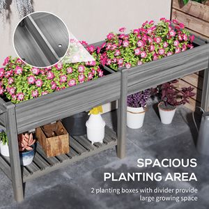 Fioriera Rialzata Grigia con Tavolino Laterale, Ripiano Inferiore e Fori di Drenaggio, in Legno, per Patio, con Rivestimenti Interni Inclusi - Product Image 4
