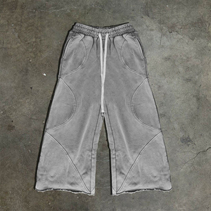 Pantalon de survêtement baggy pour homme, style vintage délavé à l'acide, taille mi-haute, tissu épais, coutures courbées, sans revers, coupe ample, respirant - Product Image 3