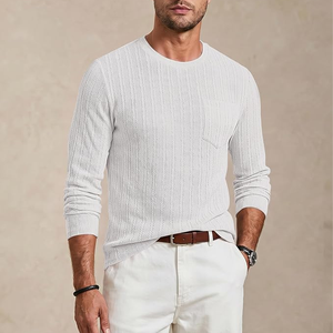 Pull à manches longues en tricot pour homme, couleur unie, col rond, avec poche avant, vêtements décontractés de printemps, blanc - Product Image 3
