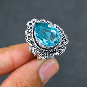 Anillo de Plata de Ley 925 con Topacio Azul Creado en Laboratorio, Hermoso Anillo con Piedra en Forma de Pera, Joyería de Boda Hecha a Mano con Turquesa - Product Image 4