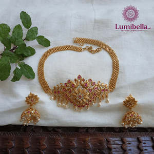 Matte Gold Ruby Choker Fashion Jewelry Set - Product Image 3