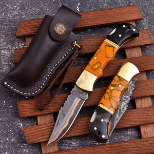 Luxury Japanese Style Steel Copper Damascus Back <b>Lock</b> Folding Pocket Knife Tactical Outdoor Resin Brass Bolster Handle 6.5" - Product Image 2