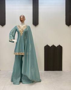 Conjunto de Top y Pantalones Plazzo de Tela Cosmos con Bordado de Espejo Real y Dupatta de Encaje Moti, Completamente Cosido, Tallas S, M, L, XL y XXL - Product Image 2