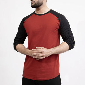 Men's Red Black Raglan Sleeve O-Neck T-Shirt Casual Knitted Oversized Fit Solid Color Long Sleeve Front <b>Logo</b> - Product Image 4