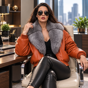 Chaqueta Bomber de Cuero Genuino para Mujer con Cierre de Cremallera, Cuello de Piel de Zorro Desmontable, Abrigo de Lujo para el Invierno - Product Image 3