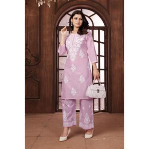 ATRACTIVO ALGODÓN POLLO BORDADO TRABAJO KURTI PALAZZO BEBÉ ROSA - Product Image 2