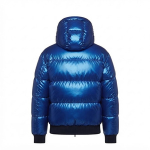 Custom Men's Premium Metallic Shiny Hooded Puffer Jacket Blue Glossy Warm <b>Quilted</b> Winter Coat Thick Insulated Outdoor Parka - Product Image 2