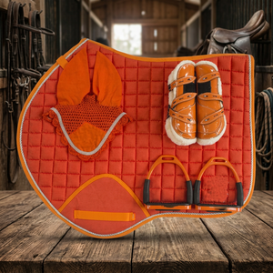 Juego de 4 mantillas de doma naranjas con estribos, botas de equitación y orejeras, estilo inglés, suministros de equipo ecuestre - Product Image 2
