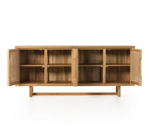 Modern Mid Century Solid Teak Wood <b>Sideboard</b> Cabinet Handmade Natural Rattan Doors Dining Room Credenza <b>Storage</b> Table - Product Image 3