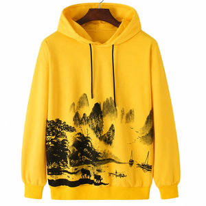 เสื้อฮู้ดสีเหลืองสำหรับผู้ชาย ลายพิมพ์สไตล์จีน ทรงปกติ ผ้าถัก 100% คอตตอน ยืดหยุ่น ใส่สบาย เหมาะสำหรับฤดูหนาว - Product Image 1