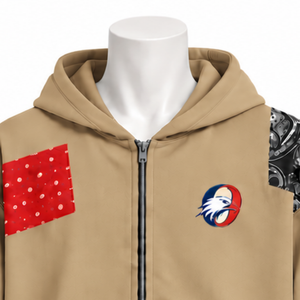 Sweat à capuche zippé oversize en patchwork tapisserie kaki, avec fermeture éclair intégrale, imprimé patch, style streetwear décontracté - Product Image 3