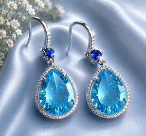 Boucles d'oreilles pendantes de luxe TASBIYA GEMS en argent sterling 925 plaqué rhodium, saphir topaze bleue naturelle avec diamant naturel taille unique - Product Image 5