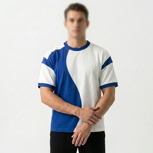 เสื้อยืดคอกลมแขนสั้นผ้าฝ้ายสีน้ำเงินขาวแบบบล็อกสีสำหรับผู้ชายคุณภาพสูงขายส่งตามสั่ง ทรงปกติ สไตล์ลำลอง - Product Image 5