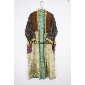 Robe longue en soie 100% faite à la main, patchwork, col en V, fermeture à cordon, manches trois-quarts, respirante, douce, pour femmes - Product Image 6