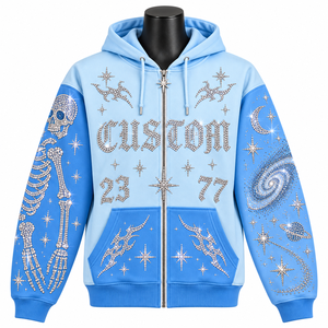 เสื้อฮู้ดซิปประดับเพชรเทียมแบบกำหนดเอง ยูนิเซ็กส์ สีน้ำเงิน ผ้าเฟรนช์เทอร์รี่ กันลม ทรงโอเวอร์ไซส์ สไตล์ฮิปฮอป มีกระเป๋า เหมาะสำหรับใส่ในฤดูใบไม้ร่วง - Product Image 1