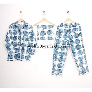 Women Pajama Set Long Sleeve Shirt Full Length <b>Pants</b> Blue Floral Print 100%Cotton Soft Elastic Waist Quick-Dry Casual Summer - Product Image 6