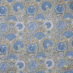 ผ้าฝ้ายพิมพ์ลายดอกไม้สีเขียวอมฟ้าแบบอินเดีย สำหรับตัดเย็บเสื้อผ้า ผ้าม่าน ขายส่งเป็นหลา - Product Image 3