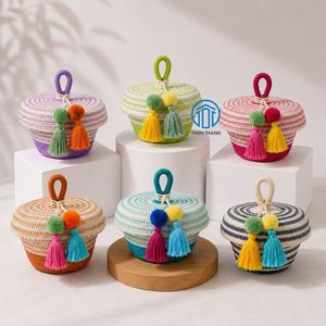 Panier cadeau en coton jaune pour l'Aïd avec pompons faits à la main, panier de bienvenue pour le Ramadan, décoration de maison durable - Product Image 6