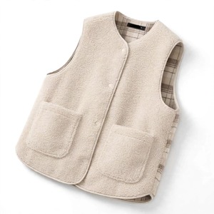 <b>Women's</b> Vintage Checkered Knitted Lamb Wool <b>Vest</b> Round Neck Double-Sided Sleeveless Waistcoat for Autumn Winter - Product Image 4