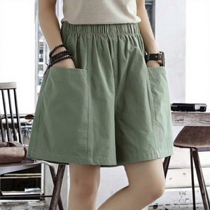 Women's Green Solid Color Elastic Waist <b>Skorts</b> With Pockets Casual Loose Fit Canvas Shorts - Product Image 1